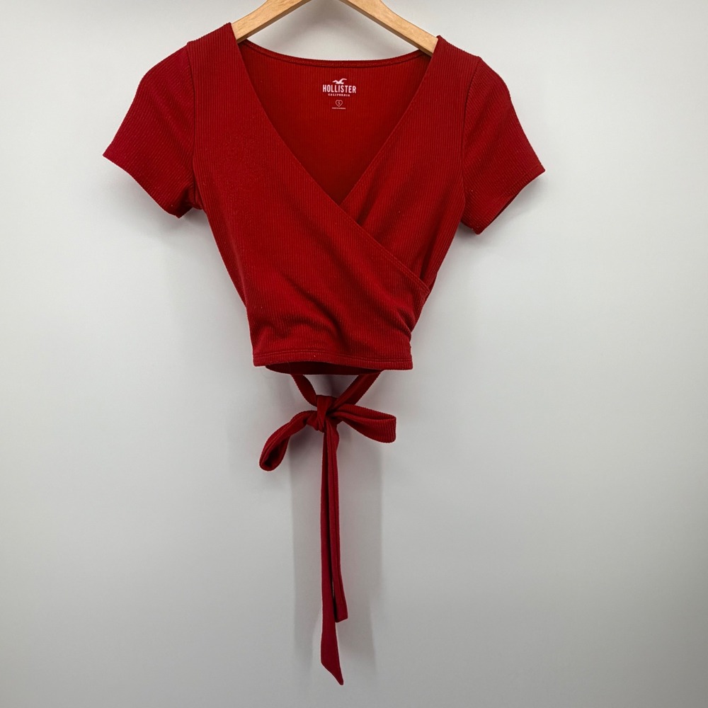 Hollister Top Women Small Red Wrap Front Ribbed Knit Tie Hem Cropped Short Slv